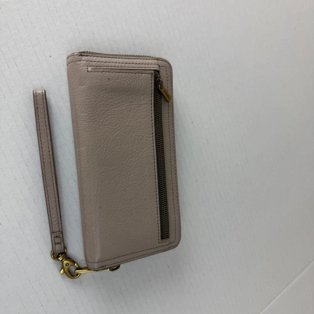 Fossil Leather Zip Around Wallet Y2K 90's Travel Casual Functional Neutral‎ Tan